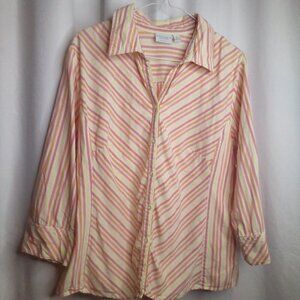 Sonoma Button Up Shirt XL Women 3/4 Sleeve Stripe Orange Yellow